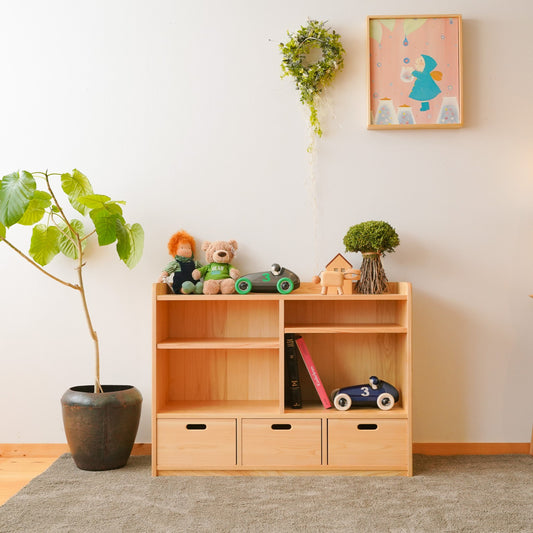 Various shelves of toys and tools