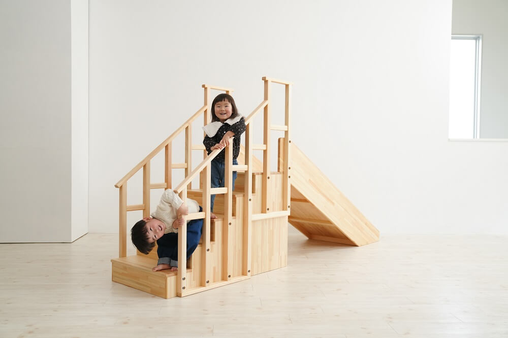 Wooden indoor playground equipment, staircase slide