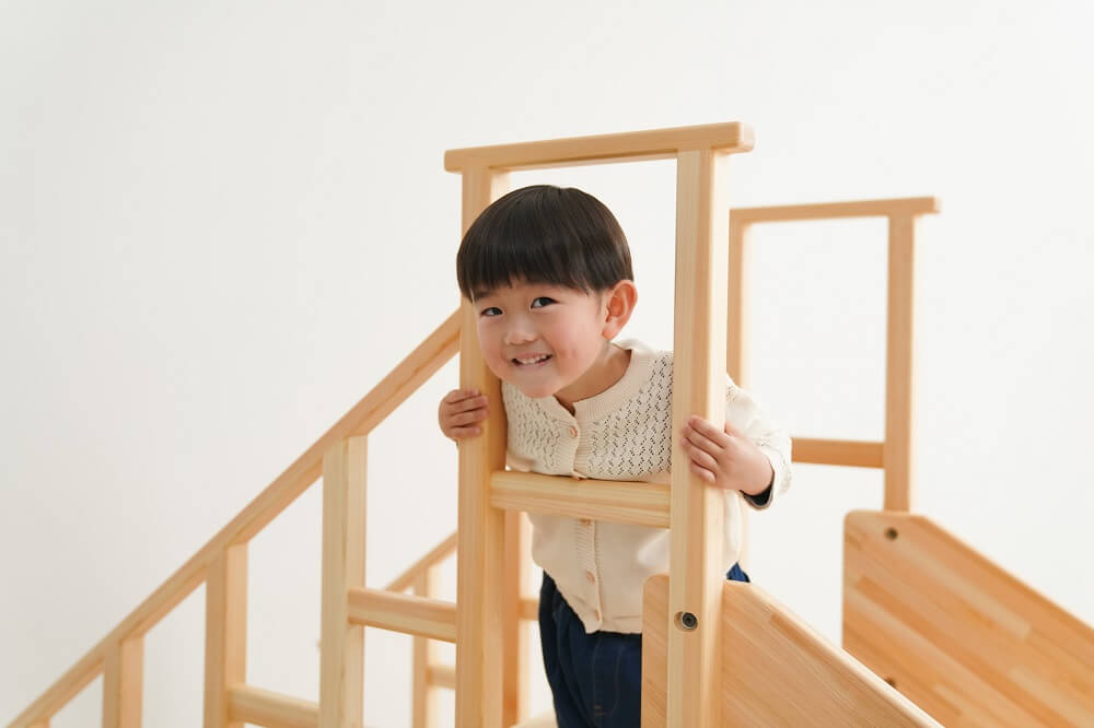 Wooden indoor playground equipment, staircase slide