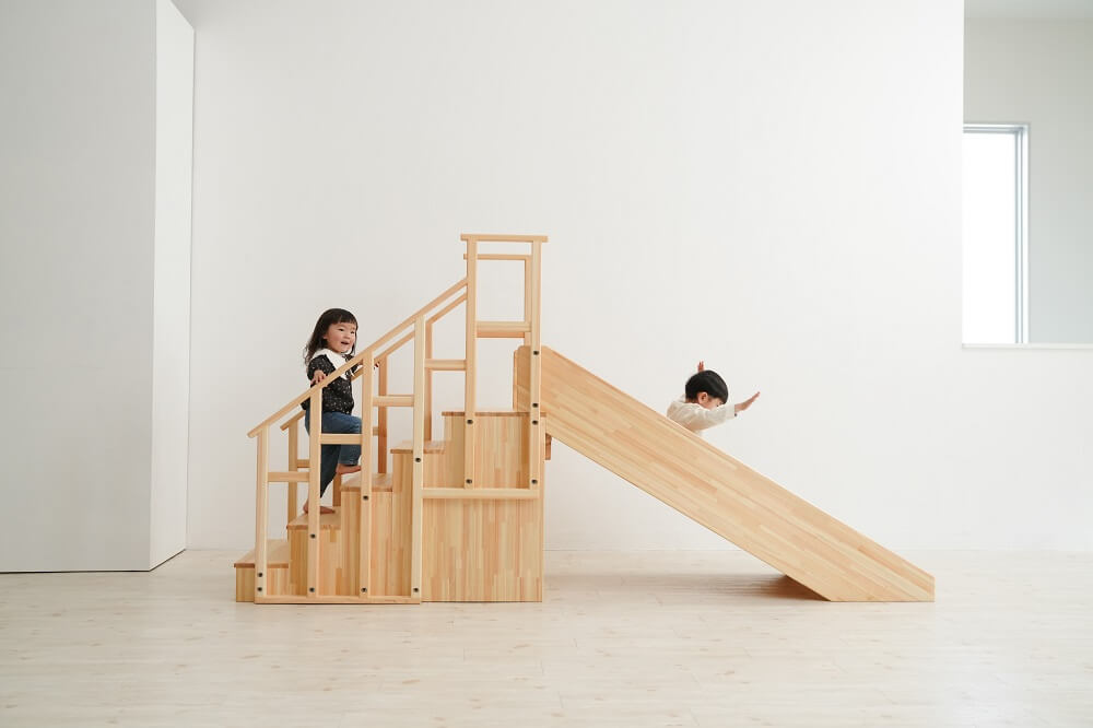 Wooden indoor playground equipment, staircase slide