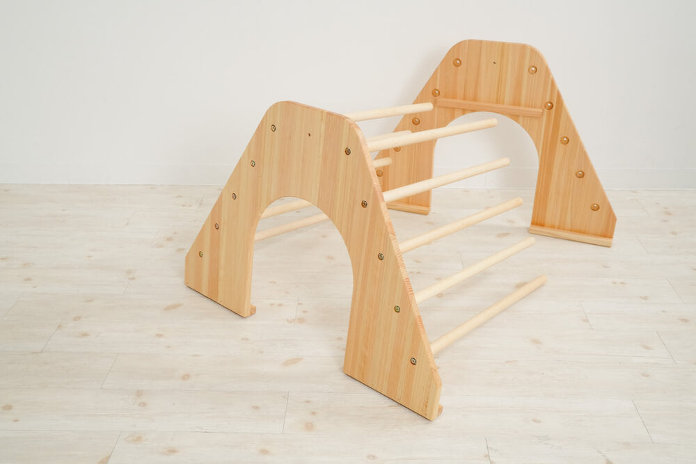 Wooden indoor playground equipment: climbing platform + slide