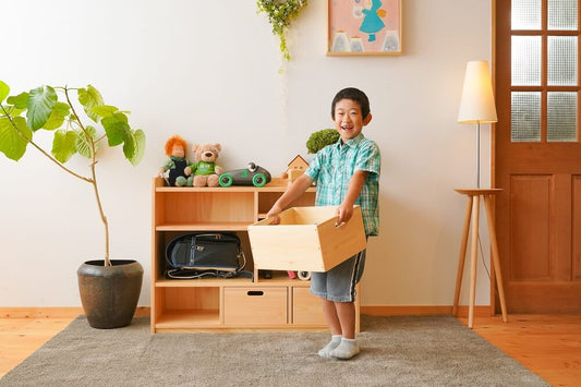 Various shelves of toys and tools